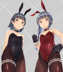Rule 34 | 2girls, alternate costume, animal ears, arare (kancolle), bare shoulders, black gloves, black legwear, blunt bangs, blush, bow, bowtie, breasts, bridal garter, brown eyes, closed mouth, commentary request, cowboy shot, detached collar, fake animal ears, from below, gloves, grey background, grey hair, heibonkaeru, highres, kantai collection, kasumi (kancolle), leotard, long hair, looking at viewer, multiple girls, pantyhose, playboy bunny, rabbit ears, red leotard, short hair, small breasts, standing, strapless, strapless leotard, wrist cuffs