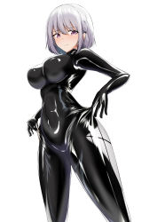 Rule 34 | 1girl, absurdres, alternate costume, blush, bodysuit, breasts, girls&#039; frontline, highres, hiuyec, large breasts, latex, latex bodysuit, pink eyes, rpk-16 (girls&#039; frontline), shiny clothes, short hair, silver hair, skin tight, solo
