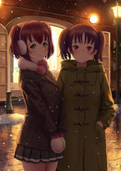 Rule 34 | 2girls, :o, bad id, bad pixiv id, blush, brown coat, building, buttons, coat, double-breasted, duffel coat, earmuffs, fur collar, green coat, green eyes, hand in pocket, highres, kazuno leah, kurosawa ruby, lamppost, long sleeves, looking at viewer, love live!, love live! sunshine!!, miniskirt, mittens, multiple girls, night, outdoors, own hands together, papi (papiron100), pleated skirt, purple hair, red eyes, red hair, signature, skirt, smile, snow, snowing, twintails, two side up, winter, winter clothes