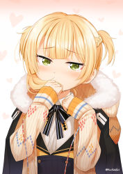 Rule 34 | 1girl, aged down, bad id, bad pixiv id, blonde hair, blush, cardigan, closed mouth, fur trim, girls&#039; frontline, gradient background, green eyes, hands up, heart, jacket, jacket on shoulders, looking at viewer, macchiato (jae-min cho), short twintails, sleeves past wrists, solo, tears, tsurime, twintails, twitter username, upper body, welrod mkii (girls&#039; frontline)