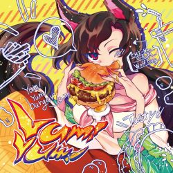 Rule 34 | 1girl, animal ears, arrow (symbol), bare shoulders, breasts, brown hair, burger, commentary request, dress, egg (food), fang, food, frilled sleeves, frills, heart, holding, holding food, ifelt (tamaki zutama), imaizumi kagerou, large breasts, long hair, long sleeves, looking at viewer, off-shoulder dress, off shoulder, red eyes, smile, solo, spoken heart, sunny side up egg, tail, touhou, upper body, white dress, wide sleeves, wolf ears, wolf tail, yellow background