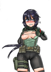 Rule 34 | &gt;:d, 1girl, belt, belt buckle, belt pouch, bike shorts, black hair, black thighhighs, blue eyes, blush, breasts, buckle, elbow gloves, gijun, gloves, gluteal fold, green gloves, green shirt, grin, hair ornament, hairclip, harness, holster, long hair, medium breasts, naughty face, nipples, no bra, original, ponytail, pouch, shirt, simple background, smile, solo, standing, tearing clothes, teeth, thigh gap, thigh holster, thighhighs, torn clothes, torn shirt, turtleneck, utility belt, v-shaped eyebrows, very long hair, white background, zettai ryouiki