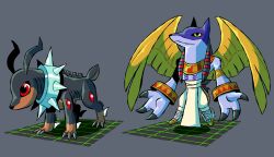 Rule 34 | anubimon, bracelet, digimon, digimon (creature), dobermon, dog, highres, jewelry, red eyes, spikes, wings