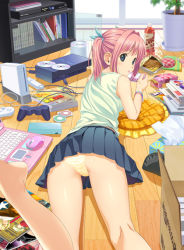 Rule 34 | 1girl, ass, barefoot, blue eyes, bracelet, chips (food), computer, female focus, food, game console, jewelry, keyboard (computer), kneepits, koutaro, laptop, legs, looking back, miniskirt, original, panties, pantyshot, pillow, pink hair, playing games, playstation 2, pleated skirt, pocky, potato chips, product placement, room, short hair, skirt, snack, solo, thighs, twintails, underwear, upskirt, video game, wii
