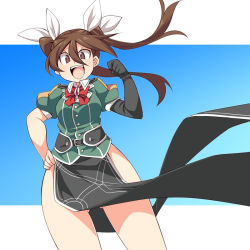 Rule 34 | &gt;:d, 10s, 1girl, :d, bad id, bad pixiv id, belt, bow, bowtie, brown eyes, brown hair, clenched hand, elbow gloves, flexing, gloves, hair between eyes, hair bow, hand on own hip, kantai collection, long hair, long skirt, looking at viewer, military, military uniform, open mouth, pelvic curtain, puffy short sleeves, puffy sleeves, short sleeves, side slit, single glove, skirt, smile, solo, thighs, tone (kancolle), tone kai ni (kancolle), tsurime, twintails, uccow, uniform, v-shaped eyebrows