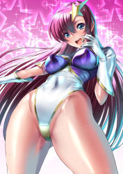 Rule 34 | 1girl, :d, blue eyes, blush, breasts, covered navel, elbow gloves, from below, gloves, gluteal fold, gradient background, gundam, hair ornament, highleg, highleg leotard, impossible clothes, impossible leotard, large breasts, leaning back, legs, leotard, looking at viewer, looking down, meer campbell, open mouth, pink background, pink hair, round eyewear, sen (sansui), skindentation, smile, solo, star (symbol), star hair ornament, starry background, sunrise (company), sweat, teeth, thighs, upper teeth only, white gloves