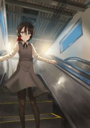 Rule 34 | 1girl, black hair, black pantyhose, black ribbon, blue eyes, bow, chihuri, closed mouth, collared shirt, commentary request, dress, dress shirt, escalator, fingernails, grey dress, hair between eyes, hair bow, highres, indoors, long sleeves, looking at viewer, neck ribbon, original, pantyhose, red bow, ribbon, shirt, short hair, sleeveless, sleeveless dress, solo, standing, white shirt