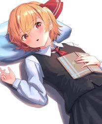 Rule 34 | 1girl, :o, ascot, black skirt, black vest, blonde hair, blush, book, hair ribbon, lying, on back, open book, parted lips, pillow, red ascot, red eyes, red ribbon, ribbon, roke (taikodon), rumia, short hair, simple background, skirt, solo, touhou, vest, white background