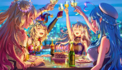 Rule 34 | 4girls, absurdres, ahoge, alcohol, animal ears, aomaru kazumi, bare shoulders, birthday cake, black nails, blonde hair, blue hair, blurry, blurry background, blush, braid, cake, candle, champagne, champagne bottle, champagne flute, cityscape, closed eyes, cup, double bun, drinking glass, flower, food, fox ears, fox girl, french braid, gloves, gradient hair, grey hair, hair between eyes, hair bun, hair flower, hair ornament, hairclip, hat, heart, heart ahoge, highres, holding, holding cup, hololive, jester cap, lion ears, lion girl, long hair, momosuzu nene, multicolored hair, multiple girls, nail polish, nepolabo, night, omaru polka, omaru polka (1st costume), open mouth, orange nails, outstretched arm, pink hair, pointy ears, red gloves, shishiro botan, shishiro botan (1st costume), smile, streaked hair, two side up, virtual youtuber, white headwear, yukihana lamy