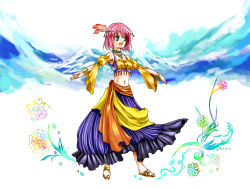 Rule 34 | bad id, bad pixiv id, blue eyes, bracelet, detached sleeves, dragon quest, dragon quest ix, dress, feathers, flower, headband, heroine (dq9), jewelry, level-5, midriff, necklace, open mouth, pink hair, ri yu, ring, sandals, short hair, solo, wallpaper