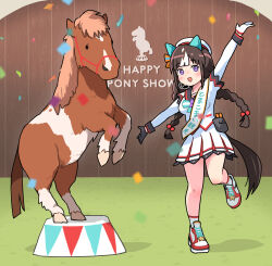 Rule 34 | 1girl, animal ears, asymmetrical gloves, black gloves, blush stickers, bow, bowtie, braid, breasts, brown hair, confetti, ear covers, gloves, headset, hokko tarumae (umamusume), horse ears, horse girl, horse tail, jacket, long hair, long sleeves, looking at viewer, microphone, mismatched gloves, northern horse park, ooishi oil, open mouth, outstretched arms, real world location, revision, sailor collar, sash, shadow, shoes, shoulder sash, skirt, small breasts, smile, sneakers, socks, solo, spread arms, standing, standing on one leg, tail, twin braids, umamusume, white gloves, white jacket, white skirt, white socks