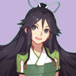 Rule 34 | 10s, 1girl, arms at sides, black hair, blue eyes, hair between eyes, hair ribbon, japanese clothes, kantai collection, katsuragi (kancolle), long hair, looking to the side, open mouth, ponytail, portrait, ribbon, simple background, sola7764, solo, very long hair, white ribbon