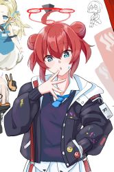 Rule 34 | ahoge, badge, blue archive, blue eyes, blue necktie, blush, button badge, collared shirt, double bun, flame tsukushi, hair bun, halo, hand in pocket, hand on own face, id card, jacket, long sleeves, looking at viewer, maki (blue archive), necktie, paint on clothes, paint splatter, paint splatter on face, puffy sleeves, red hair, shirt, short hair, sidelocks, smiley face, sweater vest, upper body, white shirt
