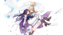 2girls ayase_eli blonde_hair blood blood_on_clothes blue_eyes cape carrying green_eyes highres knight love_live! love_live!_school_idol_project multiple_girls princess_carry purple_hair sword tojo_nozomi watermark weapon white_background white_cape yuri zawawa_(satoukibi1108)