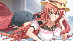 Rule 34 | 1girl, arm support, artist request, black skirt, blush, breasts, game cg, hair ornament, hairclip, hat ornament, jewelry, lamia, large breasts, long hair, looking at viewer, miia (monster musume), monster girl, monster musume no iru nichijou, monster musume no iru nichijou online, necklace, official alternate costume, official art, pointy ears, red hair, scales, shirt, skirt, slit pupils, solo, very long hair, white shirt, yellow eyes