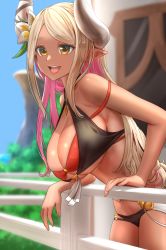 Rule 34 | 1girl, absurdres, bare shoulders, bikini, bikini top lift, blonde hair, blue sky, blush, braco, breasts, cleavage, clothes lift, dark-skinned female, dark skin, day, draph, flower, granblue fantasy, hair flower, hair ornament, highres, horn ornament, horn ribbon, horns, kumbhira (granblue fantasy), kumbhira (summer) (granblue fantasy), large breasts, layered bikini, lips, long hair, looking at viewer, multicolored hair, open mouth, outdoors, parted bangs, pink hair, pointy ears, ribbon, skindentation, sky, smile, solo, standing, swimsuit, teeth, two-tone hair, upper teeth only, window, yellow eyes