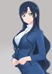 Rule 34 | 1girl, ascot, bakusai, blue hair, blue jacket, blue skirt, breasts, business suit, collared shirt, delicious party precure, formal, fuwa hatsuko, green eyes, grey background, hair between eyes, jacket, large breasts, lips, long hair, long sleeves, looking at viewer, office, office lady, open clothes, open jacket, pencil skirt, precure, shirt, skirt, skirt suit, solo, suit, wavy hair, white shirt