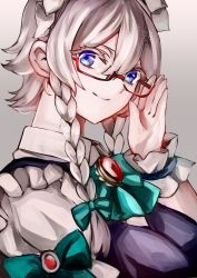 Rule 34 | 1girl, bad id, bad twitter id, bespectacled, blue dress, blue eyes, bow, bowtie, braid, breasts, brooch, colored eyelashes, commentary request, dress, glasses, gradient background, green bow, green bowtie, grey background, hair between eyes, hair bow, hand up, highres, izayoi sakuya, jan (lightdragoon), jewelry, large breasts, light particles, looking at viewer, maid, maid headdress, puffy short sleeves, puffy sleeves, red-framed eyewear, shirt, short hair, short sleeves, silver hair, smile, solo, touhou, twin braids, upper body, white shirt, wrist cuffs
