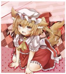 Rule 34 | 1girl, animal ears, ascot, bad id, bad pixiv id, bell, neck bell, blonde hair, collar, crystal, dog ears, dog tail, fang, female focus, flandre scarlet, frills, harachi mei, hat, hat ribbon, kemonomimi mode, open mouth, puffy sleeves, red eyes, ribbon, short hair, short sleeves, side ponytail, solo, tail, touhou, wings