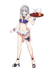 Rule 34 | 1girl, alternate costume, bikini, bikini top only, blue bikini, bow, braid, carrying, cup, drink, drinking glass, female focus, full body, glass, greetload, hair bow, high heels, highres, holster, izayoi sakuya, knife, looking at viewer, maid, maid bikini, maid headdress, midriff, miniskirt, navel, pink eyes, shoes, silver hair, simple background, skirt, smile, solo, standing, swimsuit, thigh holster, thigh strap, touhou, tray, twin braids, unconventional maid, white background, wrist cuffs