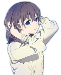 Rule 34 | 1girl, adjusting hair, aran sweater, blue eyes, brown hair, cable knit, mattaku mousuke, original, parted lips, ruffling hair, simple background, solo, sweater, upper body, white background