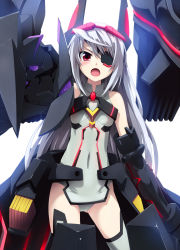 Rule 34 | &gt;:o, 10s, 1girl, :o, ahoge, angry, backlighting, bare shoulders, blush, bodysuit, cameltoe, covered navel, cowboy shot, eyepatch, flat chest, grey hair, grey thighhighs, grune, halterneck, headgear, highres, infinite stratos, laura bodewig, leotard, long hair, looking at viewer, mecha musume, open mouth, pelvic curtain, pilot suit, red eyes, schwarzer roegen, shouting, simple background, solo, standing, thighhighs, turtleneck, v-shaped eyebrows, very long hair, white background
