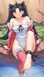 Rule 34 | 1girl, black hair, breasts, collarbone, covered navel, fate/grand order, fate (series), highleg, highleg swimsuit, hood, hoodie, ishtar (fate), ishtar (swimsuit rider) (fate), jacket, large breasts, long hair, off shoulder, one-piece swimsuit, pink hoodie, pink jacket, pink thighhighs, poolside, red eyes, sarhce, single thighhigh, sitting, soaking feet, solo, strapless, strapless one-piece swimsuit, swimsuit, thighhighs, two side up, white one-piece swimsuit