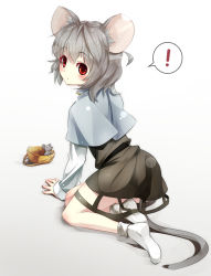 Rule 34 | !, 1girl, animal ears, basket, capelet, gorilla (bun0615), grey hair, highres, long sleeves, mouse (animal), mouse ears, mouse tail, nazrin, red eyes, short hair, simple background, skirt, socks, solo, tail, touhou, white background, white socks