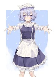 Rule 34 | 1girl, amano kokoko, apron, bloomers, blue eyes, blue skirt, blush, breasts, commentary request, hat, highres, knees, letty whiterock, long sleeves, looking at viewer, medium breasts, outstretched arms, scarf, short hair, silver hair, simple background, skirt, smile, snowflakes, socks, solo, standing, touhou, underwear, upper body, white apron, white scarf, white sleeves, white socks, yuki onna, ||/