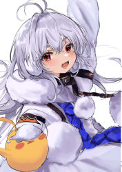 Rule 34 | 1girl, :d, absurdres, antenna hair, arm up, azur lane, coat, commentary, fang, fur-trimmed coat, fur trim, highres, long hair, long sleeves, looking at viewer, manjuu (azur lane), maria (syake-uni), open mouth, pom pom (clothes), red eyes, silver hair, simple background, skin fang, smile, stremitelny (azur lane), upper body, white background, white coat