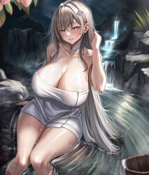Rule 34 | 1girl, absurdres, arm support, arm up, blush, breasts, brown hair, bucket, cleavage, collarbone, commission, grass, grey choker, grin, hair between eyes, hair ornament, highres, knees together feet apart, large breasts, long hair, looking at viewer, naked towel, original, penti, rock, sidelocks, sitting, smile, solo, star (symbol), star hair ornament, thighs, towel, very long hair, water, waterfall, wet, white towel, yellow eyes