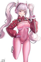 Rule 34 | 1girl, :d, absurdres, alice (nikke), animal ear headphones, animal ears, bodysuit, breasts, covered navel, cropped jacket, fake animal ears, gloves, goddess of victory: nikke, grey hair, hand on own hip, headphones, headset, highres, impossible bodysuit, impossible clothes, jacket, kaminoringo, latex, latex bodysuit, long hair, looking at viewer, medium breasts, multicolored clothes, multicolored gloves, open mouth, pink bodysuit, pink eyes, pink gloves, pink headphones, puffy sleeves, red jacket, shoes, shrug (clothing), sidelocks, skin tight, smile, sneakers, solo, standing, standing on one leg, twintails, two-tone gloves, white footwear, white gloves