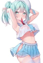 Rule 34 | 1girl, aqua eyes, aqua hair, armpits, arms up, beret, blue sailor collar, blue skirt, blush, bow skirt, breasts, commission, covered erect nipples, cowboy shot, crop top, cropped shirt, eip (pepai), embarrassed, hair intakes, hand in own hair, hat, highres, hip vent, large breasts, looking at viewer, midriff, miniskirt, neckerchief, neckerchief in mouth, no bra, original, pleated skirt, red neckerchief, sailor collar, shirt, simple background, skeb commission, skindentation, skirt, sleeveless, sleeveless shirt, solo, sweat, thighhighs, twintails, underboob, white background, white hat, white shirt, white thighhighs