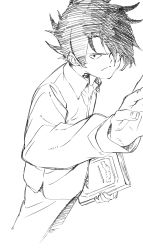 Rule 34 | 1boy, absurdres, black hair, book, greyscale, hair over one eye, highres, long sleeves, looking at viewer, male focus, monochrome, neck tattoo, number tattoo, official art, ray (yakusoku no neverland), shirt, short hair, sketch, solo, tattoo, transparent background, yakusoku no neverland