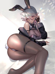 Rule 34 | 1girl, absurdres, animal ears, ass, bare shoulders, black-framed eyewear, black bow, black bowtie, black gloves, black hairband, black jacket, black leotard, blush, bow, bowtie, breasts, brown pantyhose, cleavage, earrings, elf, fake animal ears, fake tail, feet out of frame, fingerless gloves, glasses, gloves, grey hair, hair between eyes, hairband, hand up, heart, heart earrings, highres, hitowa, jacket, jewelry, large breasts, leotard, light blush, long hair, long sleeves, looking at viewer, lying, mole, mole under mouth, on side, open clothes, open jacket, original, pantyhose, parted lips, playboy bunny, pointy ears, rabbit ears, rabbit tail, red eyes, see-through, see-through cleavage, solo, tail, thigh strap, very long hair