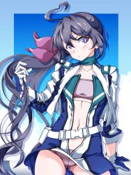 Rule 34 | 1girl, 547th sy, akebono (kancolle), bell, bikini, blue background, blue dress, choker, cloud, cloudy sky, collarbone, dress, flower, gloves, hair flower, hair ornament, highres, jacket, jingle bell, kantai collection, long hair, long sleeves, multicolored clothes, multicolored jacket, navel, official alternate costume, open clothes, pink bikini, purple eyes, purple hair, race queen, short dress, side ponytail, sky, solo, swimsuit, swimsuit under clothes, two-tone dress, two-tone jacket, white dress, white gloves