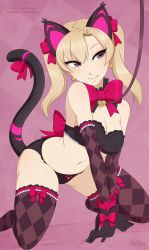 Rule 34 | 1girl, animal ears, argyle, argyle clothes, argyle legwear, artist name, bad id, bad pixiv id, black bra, black cat d.va, black gloves, black panties, blush, bow, bow panties, bra, breasts, cat ears, cat girl, cat tail, character name, cleavage, collar, d.va (overwatch), dated, elbow gloves, female focus, gloves, grey eyes, half-closed eyes, highres, kneeling, leaning forward, leash, lingerie, looking to the side, medium breasts, merunyaa, navel, overwatch, overwatch 1, own hands together, panties, patreon, patreon username, pet play, purple background, red bow, signature, simple background, smile, solo, tail, teeth, text focus, thighhighs, underwear, underwear only, v arms, watermark
