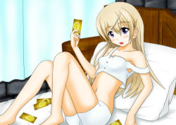 Rule 34 | 1girl, bed, blonde hair, blush, card, eila ilmatar juutilainen, holding, holding card, lingerie, long hair, nyantake, pillow, solo, strap slip, strike witches, underwear, world witches series