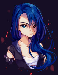 Rule 34 | 1girl, armlet, artist name, black background, black sclera, black vest, blue eyes, blue hair, blush, borrowed character, clenched teeth, collarbone, colored sclera, commission, heterochromia, hyanna-natsu, lips, long hair, looking at viewer, mismatched sclera, open clothes, open vest, original, parted lips, red eyes, simple background, solo, spiked armlet, spikes, teeth, unzipped, upper body, vest