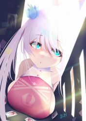 Rule 34 | 1girl, :o, absurdres, aqua eyes, are joel, armpit crease, backlighting, bare shoulders, blue flower, blush, breast rest, breasts, collarbone, drawing (object), flower, hair flower, hair ornament, hair over eyes, halterneck, highres, indie virtual youtuber, kyria (vtuber), large breasts, light rays, locker, looking away, pink hair, pink shirt, shirt, sideboob, skindentation, sunbeam, sunlight, taut clothes, taut shirt, twintails, virtual youtuber