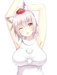 Rule 34 | 1girl, animal ears, armpits, bare shoulders, breasts, fang, hat, highres, impossible clothes, inubashiri momiji, kouyadoufu dx, large breasts, looking at viewer, one eye closed, open mouth, pom pom (clothes), red eyes, short hair, silver hair, simple background, solo, tokin hat, touhou, white background, wolf ears