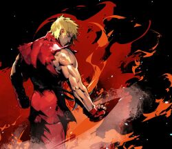 Rule 34 | 1boy, bare shoulders, black background, blonde hair, clenched hand, cofffee, dougi, fiery background, fingerless gloves, fire, from behind, gloves, ken masters, looking to the side, male focus, muscular, muscular male, pants, red gloves, red pants, red shirt, shirt, short hair, solo, street fighter, torn clothes, torn sleeves