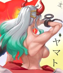 Rule 34 | 1girl, aqua hair, back, back focus, backboob, bare back, breasts, demon horns, female focus, green hair, grey hair, holding, holding weapon, horns, japanese text, kanji, large breasts, long hair, multicolored background, multicolored hair, one piece, ponytail, solo, solo focus, topless, topless female, weapon, white hair, yamato (one piece)