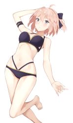 Rule 34 | 1girl, ahoge, arm up, bad id, bad pixiv id, bare arms, bare legs, bare shoulders, barefoot, bikini, black bikini, black bow, blush, bow, breasts, cleavage, closed mouth, collarbone, commentary request, fate/grand order, fate (series), grey eyes, hair between eyes, hair bow, highres, jilu, light brown hair, looking at viewer, medium breasts, navel, okita j. souji (fate), okita j. souji (first ascension) (fate), okita souji (fate), okita souji (koha-ace), simple background, solo, swimsuit, white background
