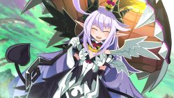 Rule 34 | 1girl, absurdres, ahoge, angel wings, breasts, crown, fang, game cg, highres, horns, huge ahoge, long hair, looking at viewer, makai shin trillion, nanameda kei, official art, aged up, pink hair, pointy ears, ruche, smile, solo, tail, umbrella, wings