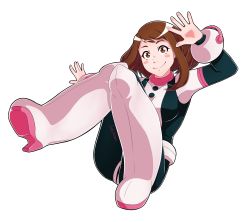 Rule 34 | 10s, 1girl, absurdres, artist name, blush stickers, bodysuit, boku no hero academia, boots, breasts, brown eyes, brown hair, full body, high heel boots, high heels, highres, impossible clothes, lolitaii, medium breasts, signature, smile, solo, transparent background, uraraka ochako