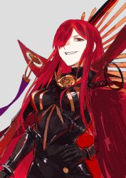 Rule 34 | 1girl, absurdres, arqa, fate/grand order, fate (series), grey background, grin, hair over one eye, hand on own hip, highres, long hair, looking at viewer, oda nobunaga (fate), oda nobunaga (maou avenger) (fate), red eyes, red hair, smile, solo, very long hair