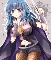 Rule 34 | 1girl, armor, black shorts, blue eyes, blue hair, brown pantyhose, byleth (female) (fire emblem), byleth (fire emblem), cleavage cutout, closed mouth, clothing cutout, fire emblem, fire emblem: three houses, hair between eyes, highres, kirishima riona, lace, lace-trimmed legwear, lace trim, navel, navel cutout, nintendo, pantyhose, pantyhose under shorts, short shorts, shorts, solo