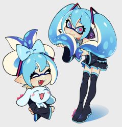 Rule 34 | 1girl, 1other, :3, :d, ^ ^, alternate hairstyle, animal, aqua eyes, aqua hair, black skirt, blue eyes, blue hair, boots, bow, cinnamiku, cinnamoroll, closed eyes, collared shirt, detached sleeves, domino mask, eyelashes, fangs, full body, grey shirt, hair between eyes, hair bow, hand in own hair, hatsune miku, headset, holding, holding animal, inkling, inkling girl, inkling player character, long hair, looking at viewer, mask, microphone, multicolored hair, necktie, nintendo, open mouth, pleated skirt, pointy ears, rabbit, sanrio, shirt, skirt, sleeveless, sleeveless shirt, smile, splatoon (series), tentacle hair, thick eyelashes, thigh boots, twintails, updo, vocaloid, white hair, wide sleeves, zambiie