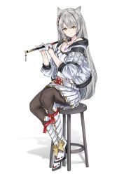 Rule 34 | 1girl, alternate hair length, alternate hairstyle, animal ears, black pantyhose, boots, breasts, camisole, cat ears, chest jewel, flute, full body, grey hair, highres, instrument, jacket, knee boots, leggings, long hair, mio (xenoblade), non porn, pantyhose, pleated skirt, red ribbon, ribbon, sarasadou dan, simple background, skirt, small breasts, solo, white background, white camisole, white hair, white jacket, white skirt, xenoblade chronicles (series), xenoblade chronicles 3, yellow eyes